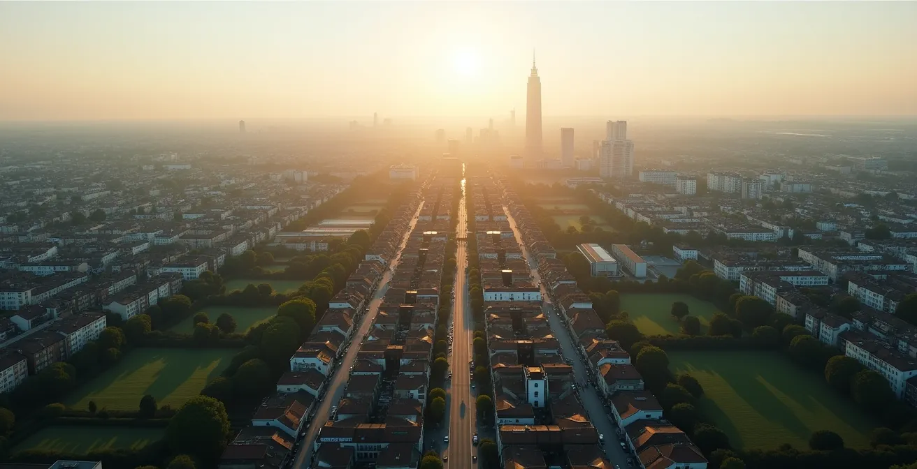 Vue aérienne d'une ville avec différents quartiers mis en évidence par des nuances de couleurs