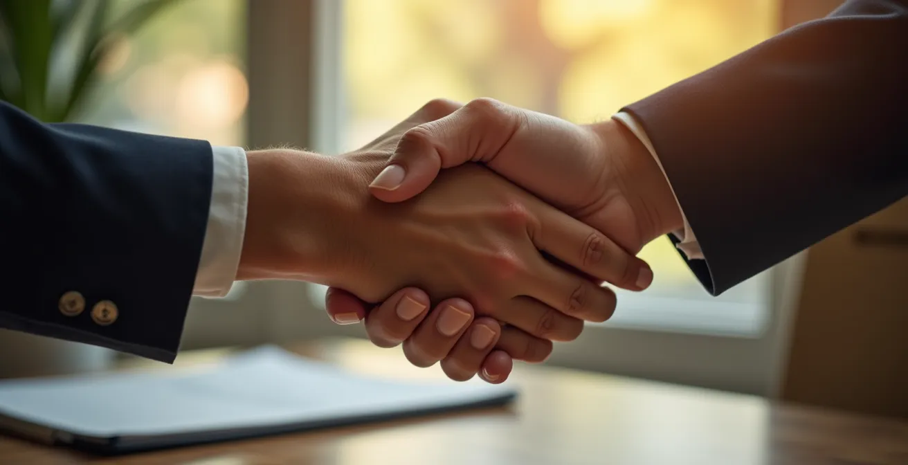 Gros plan sur deux mains se serrant dans un geste professionnel chaleureux