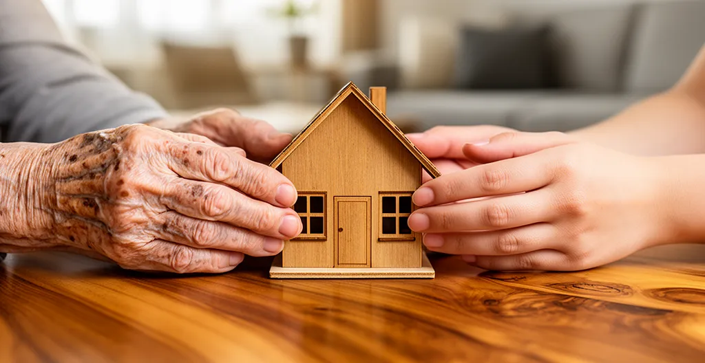 Mains de deux générations posées de part et d'autre d'une maquette de maison en bois