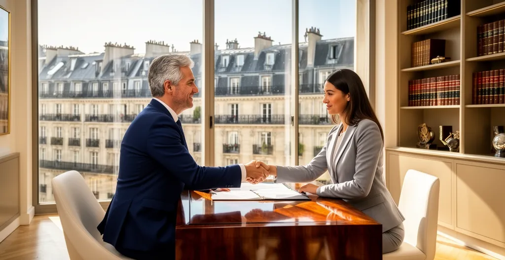 Client et notaire se serrant la main dans un bureau lumineux