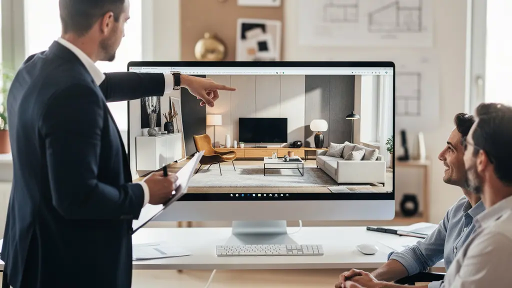 Architecte présentant des rendus 3D d'aménagement intérieur à des clients investisseurs