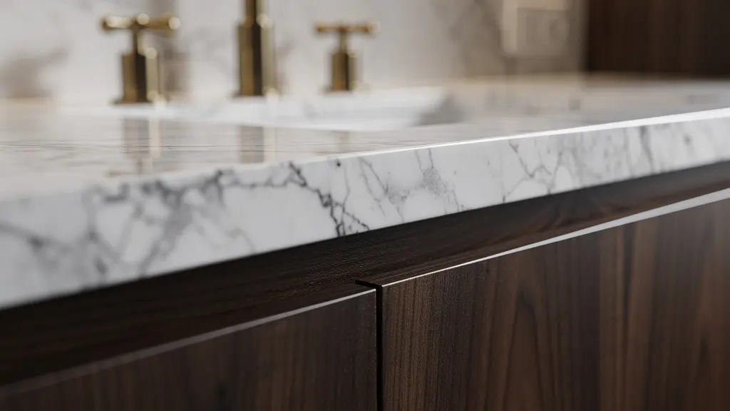 Détail association marbre blanc et bois noyer dans cuisine premium valorisation immobilière