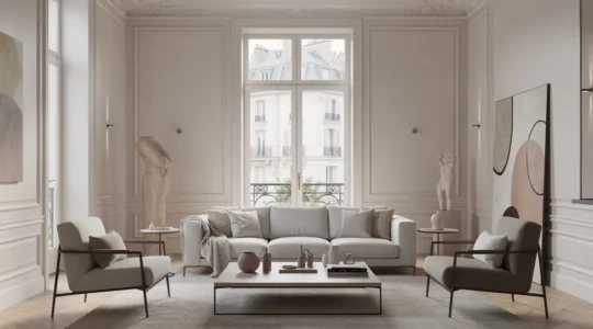 Salon contemporain spacieux appartement parisien haussmannien rénové avec parquet chevron