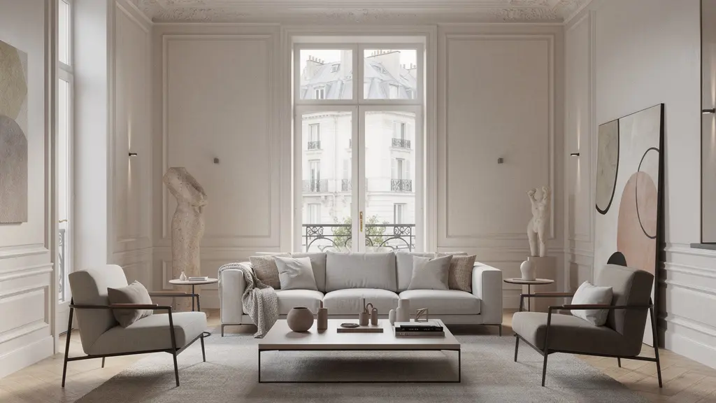 Salon contemporain spacieux appartement parisien haussmannien rénové avec parquet chevron